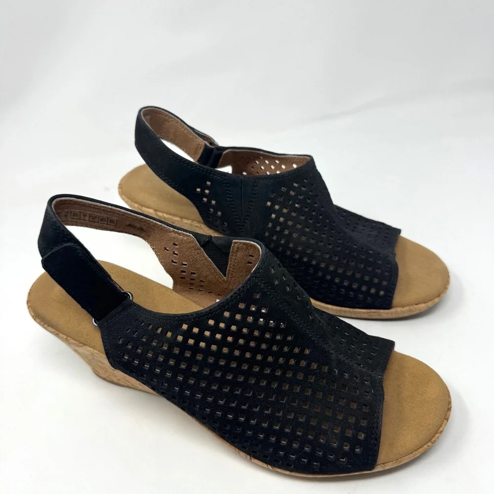 Rockport Wedge Sandals Women 9.5 Black Suede Perforated Slingback Cork Boho Chic